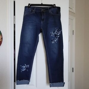 New Directions Dark Blue Embroidered Cropped Jeans